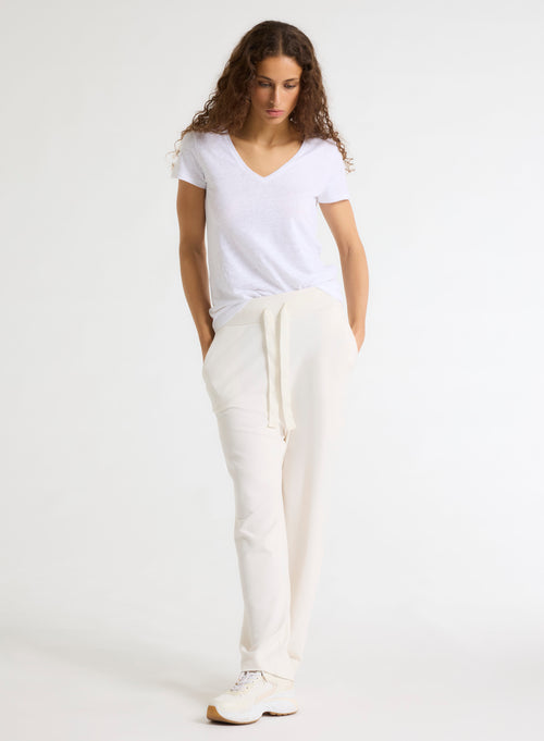 White V-neck Short Sleeve Linen and Elastane T-Shirt - MAJESTIC FILATURES