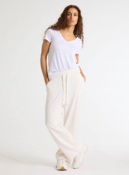 White V-neck Short Sleeve Linen and Elastane T-Shirt - MAJESTIC FILATURES