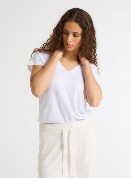 White V-neck Short Sleeve Linen and Elastane T-Shirt - MAJESTIC FILATURES