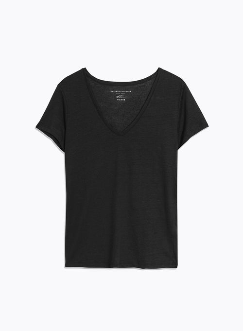 Black V-neck T-shirt in Linen and Elastane - MAJESTIC FILATURES