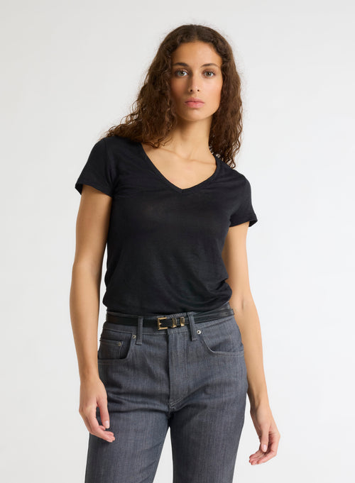 Black V-neck T-shirt in Linen and Elastane - MAJESTIC FILATURES