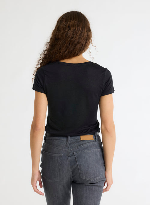 Black V-neck T-shirt in Linen and Elastane - MAJESTIC FILATURES