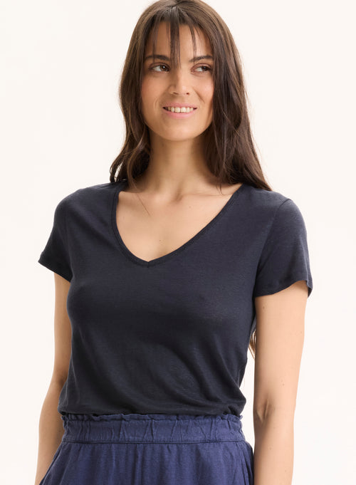 Navy Short Sleeve V-neck Linen and Elastane T-shirt - MAJESTIC FILATURES