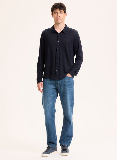 Navy Linen Long Sleeve Shirt  - MAJESTIC FILATURES