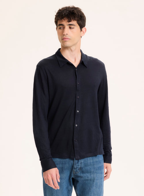 Navy Linen Long Sleeve Shirt  - MAJESTIC FILATURES