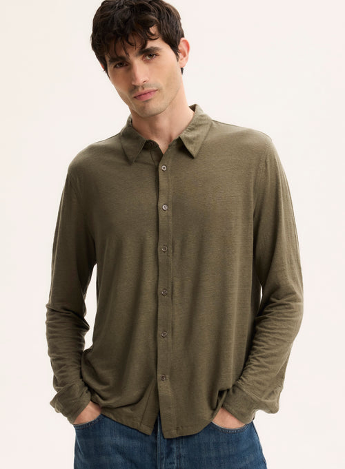 Cuello camisero verde Camisa de manga larga de lino / elastano - MAJESTIC FILATURES
