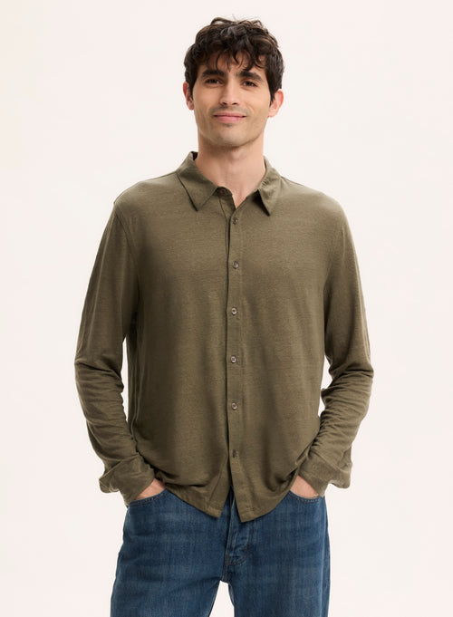 Cuello camisero verde Camisa de manga larga de lino / elastano - MAJESTIC FILATURES