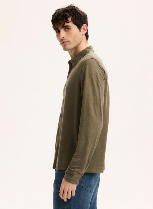 Cuello camisero verde Camisa de manga larga de lino / elastano - MAJESTIC FILATURES