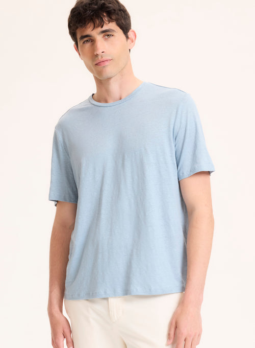 Blue Round Neck Short Sleeve Linen / Elastane T-Shirt - MAJESTIC FILATURES