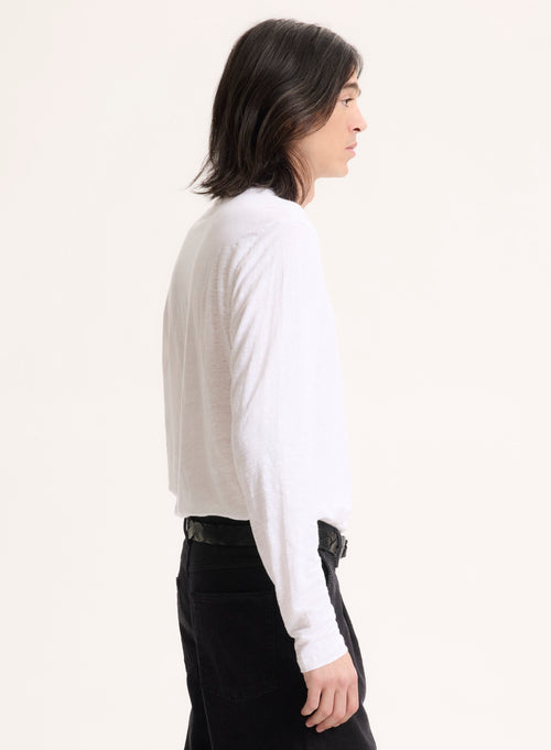 T-shirt Blanc Col Rond Manches Longues en Lin / Elasthanne - MAJESTIC FILATURES