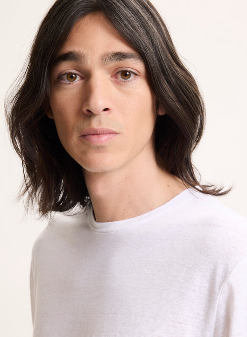 T-shirt Blanc Col Rond Manches Longues en Lin / Elasthanne - MAJESTIC FILATURES