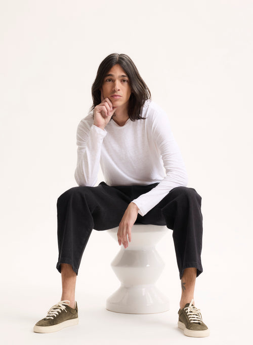 T-shirt Blanc Col Rond Manches Longues en Lin / Elasthanne - MAJESTIC FILATURES