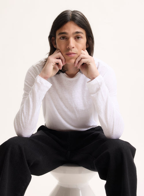 T-shirt Blanc Col Rond Manches Longues en Lin / Elasthanne - MAJESTIC FILATURES