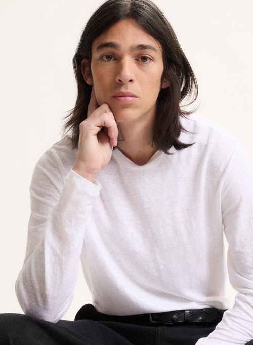 T-shirt Blanc Col Rond Manches Longues en Lin / Elasthanne - MAJESTIC FILATURES