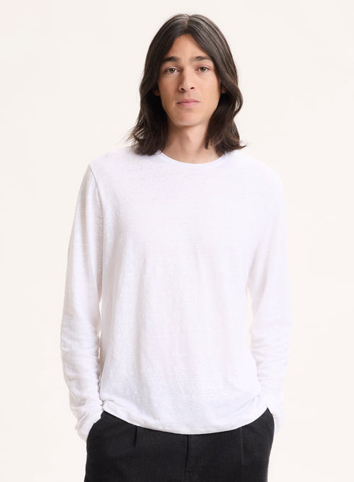 T-shirt Blanc Col Rond Manches Longues en Lin / Elasthanne - MAJESTIC FILATURES