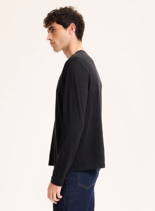 Black Long Sleeve Crew Neck Linen T-Shirt - MAJESTIC FILATURES