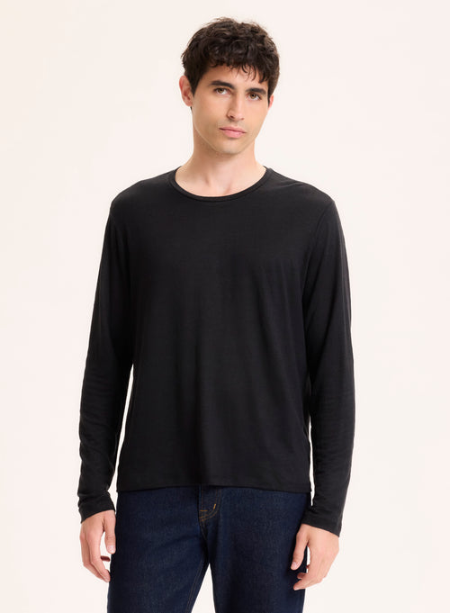 Black Long Sleeve Crew Neck Linen T-Shirt - MAJESTIC FILATURES