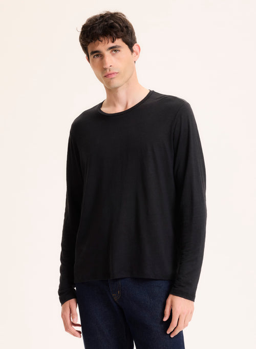 Black Long Sleeve Crew Neck Linen T-Shirt - MAJESTIC FILATURES