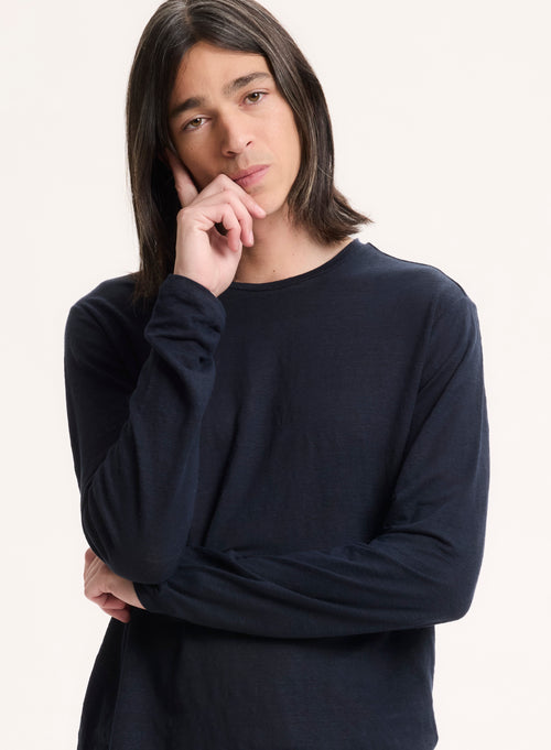 Camiseta azul marino de manga larga y cuello redondo en lino / elastano - MAJESTIC FILATURES