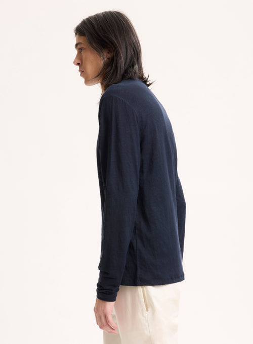Camiseta azul marino de manga larga y cuello redondo en lino / elastano - MAJESTIC FILATURES
