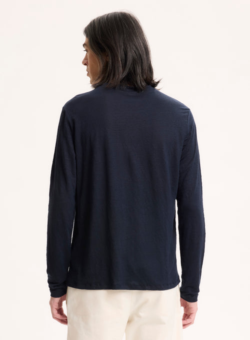 Camiseta azul marino de manga larga y cuello redondo en lino / elastano - MAJESTIC FILATURES