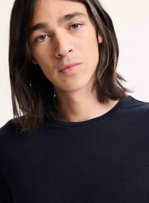 Camiseta azul marino de manga larga y cuello redondo en lino / elastano - MAJESTIC FILATURES