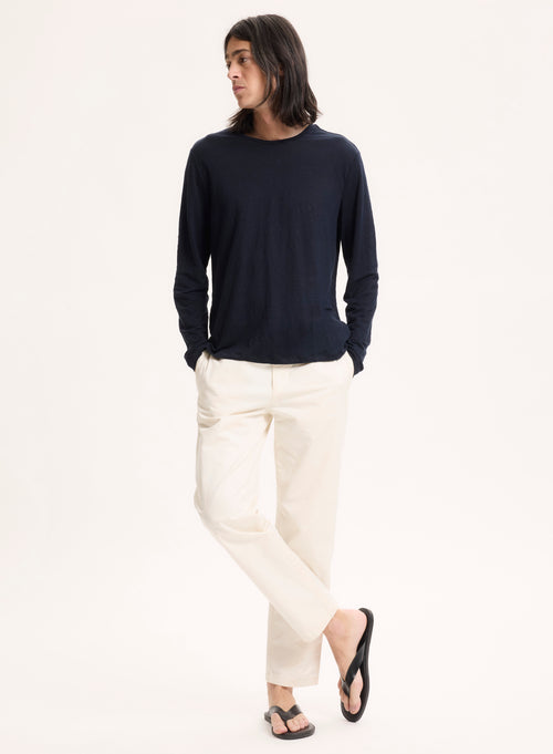 Camiseta azul marino de manga larga y cuello redondo en lino / elastano - MAJESTIC FILATURES