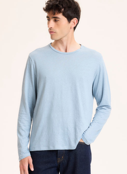 Blue Long Sleeve Crew Neck Linen / Elastane T-Shirt - MAJESTIC FILATURES