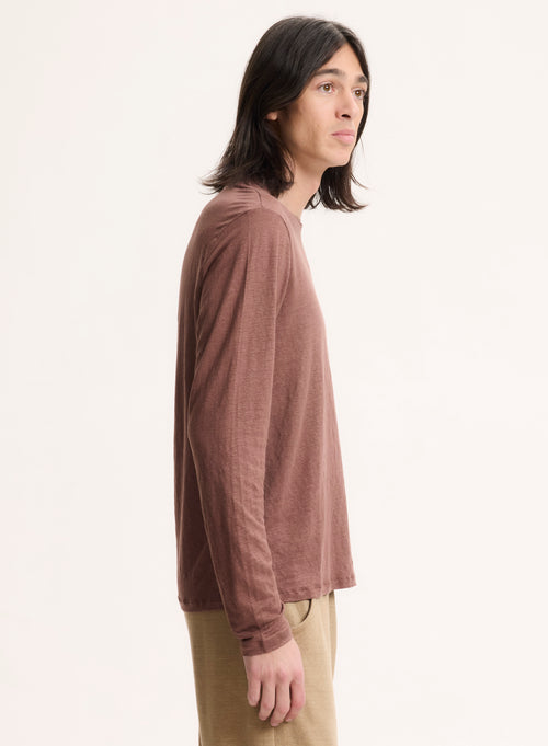 T-shirt Marron Col Rond Manches Longues en Lin / Elasthanne - MAJESTIC FILATURES