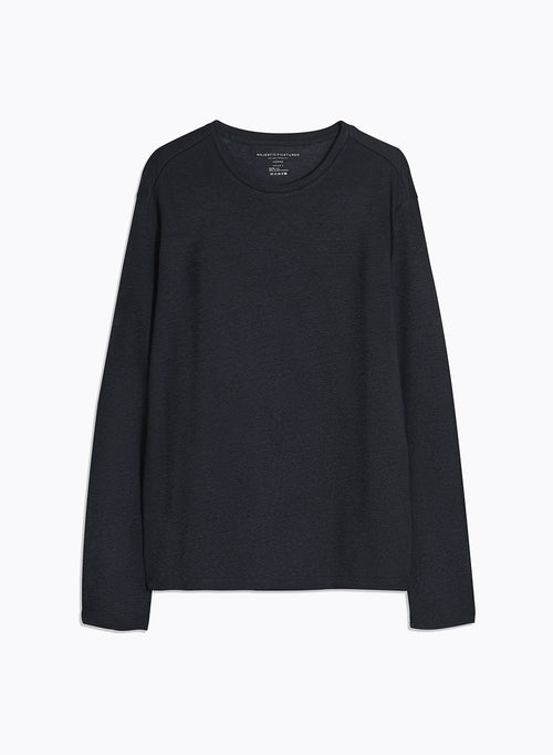 Camiseta azul marino de manga larga y cuello redondo en lino / elastano - MAJESTIC FILATURES