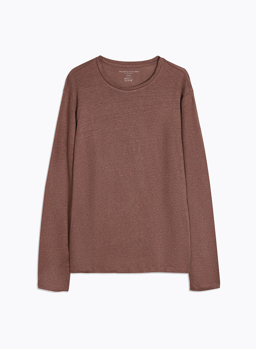 T-shirt Marron Col Rond Manches Longues en Lin / Elasthanne - MAJESTIC FILATURES