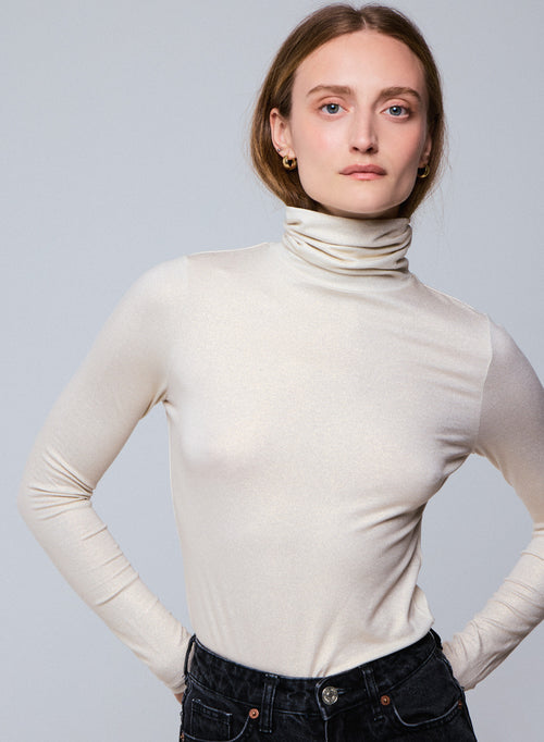T-shirt Blanc Col Roulé Manches Longues en Viscose et Elasthanne - MAJESTIC FILATURES