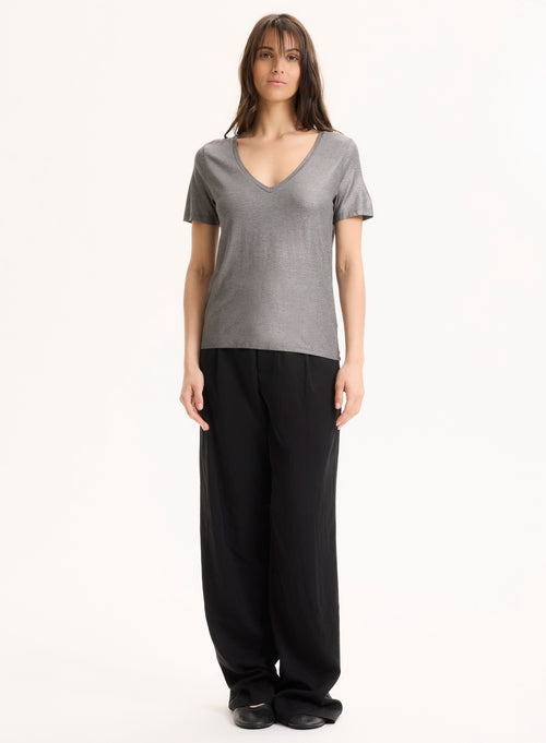 Tee shirt Gris Col V Manches Courtes en Viscose / Élasthanne - MAJESTIC FILATURES
