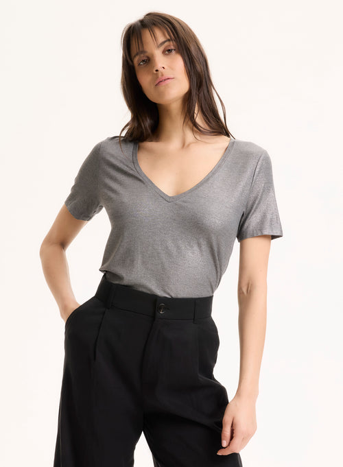 Tee shirt Gris Col V Manches Courtes en Viscose / Élasthanne - MAJESTIC FILATURES