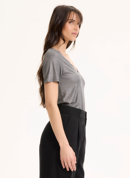 Tee shirt Gris Col V Manches Courtes en Viscose / Élasthanne - MAJESTIC FILATURES