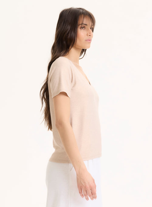 Camiseta beige de manga corta y cuello en V de viscosa / elastano - MAJESTIC FILATURES