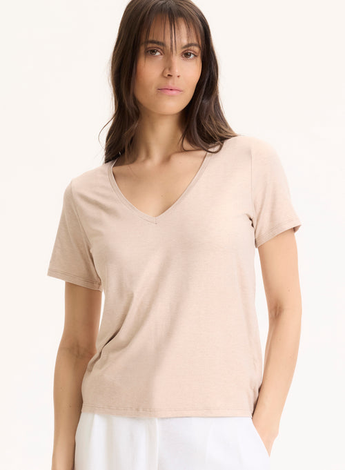 Camiseta beige de manga corta y cuello en V de viscosa / elastano - MAJESTIC FILATURES