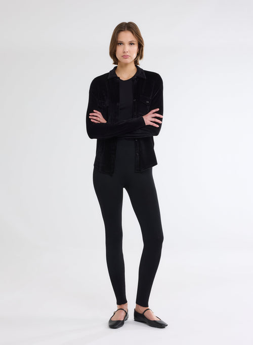 Chemise Noir Manches Longues avec Poche en Velours - MAJESTIC FILATURES
