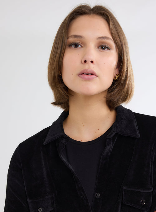 Chemise Noir Manches Longues avec Poche en Velours - MAJESTIC FILATURES
