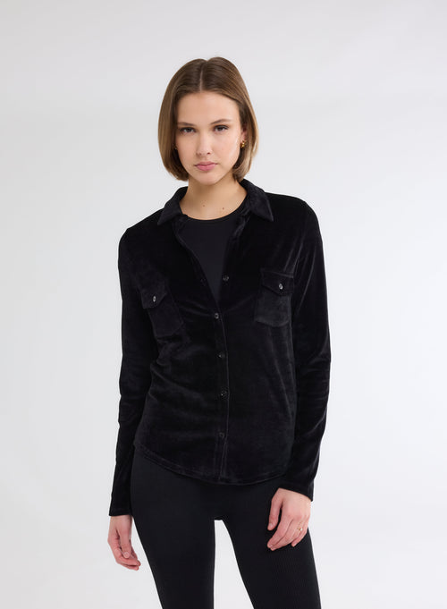 Chemise Noir Manches Longues avec Poche en Velours - MAJESTIC FILATURES