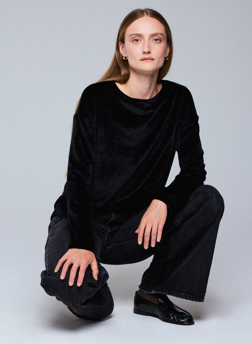 T-shirt Noir Col Bateau Manches Longues en Coton Organique / Modal / Elasthanne - MAJESTIC FILATURES