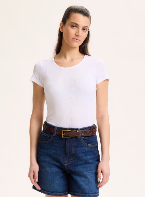 Camiseta blanca de viscosa / elastano de manga corta y cuello redondo - MAJESTIC FILATURES