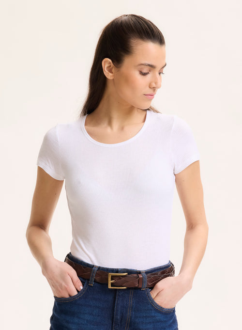 Camiseta blanca de viscosa / elastano de manga corta y cuello redondo - MAJESTIC FILATURES