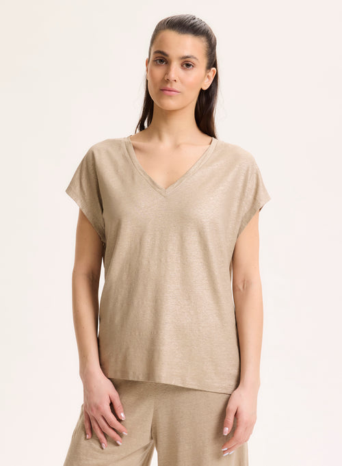 Beigefarbenes Kurzarm-T-Shirt aus Leinen / Elasthan mit V-Ausschnitt - MAJESTIC FILATURES