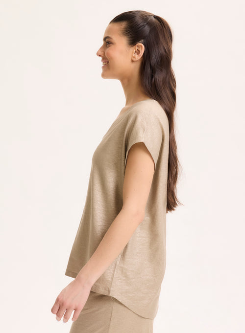 Beigefarbenes Kurzarm-T-Shirt aus Leinen / Elasthan mit V-Ausschnitt - MAJESTIC FILATURES