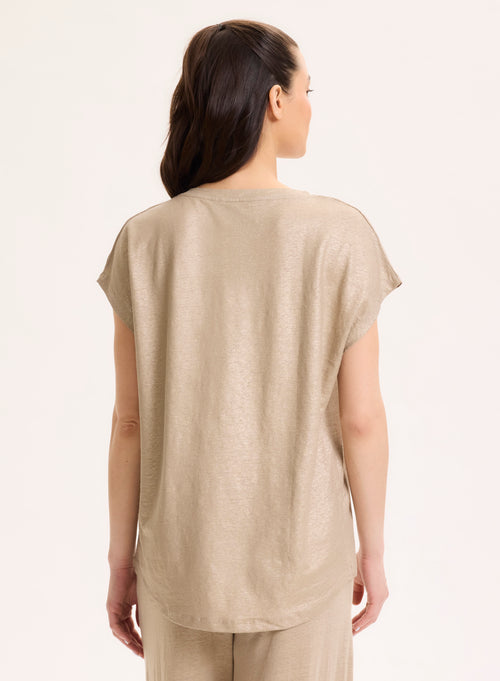 Beigefarbenes Kurzarm-T-Shirt aus Leinen / Elasthan mit V-Ausschnitt - MAJESTIC FILATURES