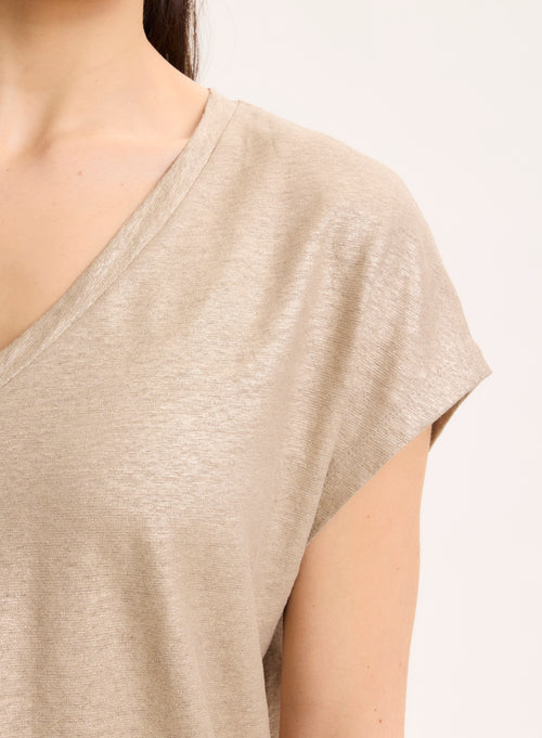 Beigefarbenes Kurzarm-T-Shirt aus Leinen / Elasthan mit V-Ausschnitt - MAJESTIC FILATURES
