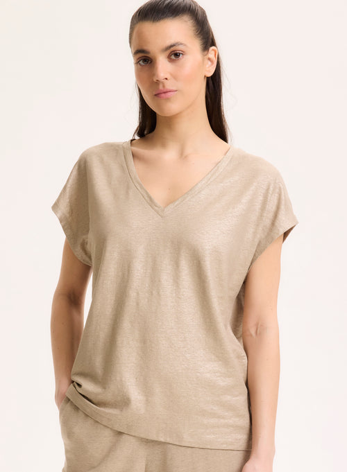 Beigefarbenes Kurzarm-T-Shirt aus Leinen / Elasthan mit V-Ausschnitt - MAJESTIC FILATURES
