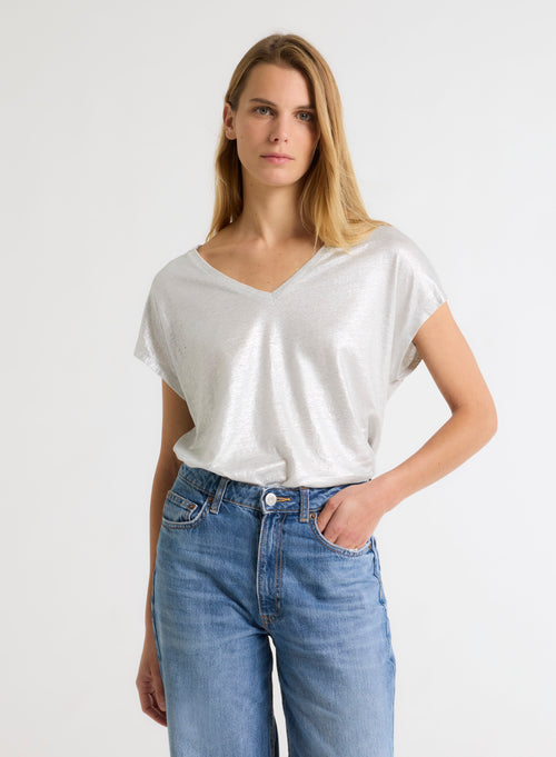 Camiseta plateada de manga corta y cuello en V Lino / Elastano - MAJESTIC FILATURES