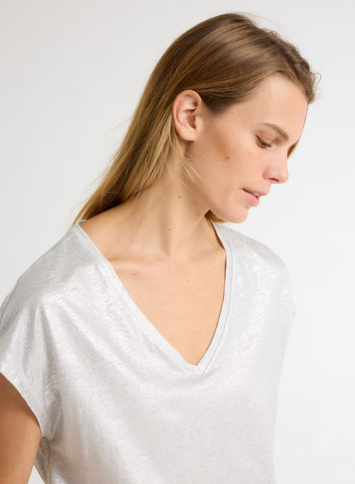 Camiseta plateada de manga corta y cuello en V Lino / Elastano - MAJESTIC FILATURES